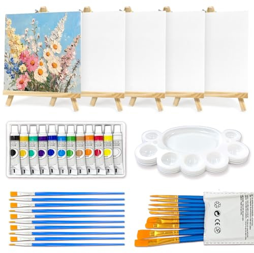 5 Pack Mini Canvas and Easel Set, Small Canvas Painting Set 20 x 20cm | Small Canvases for Painting, Included Wood Stand, Acrylic Paints and Brush Set, Pre-stretched Painting Kit for Kids Adults