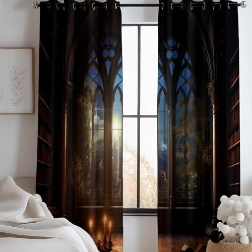 Vorhänge Wohnzimmer Gotik Bibliothek - Magisches Fenster Gardinen Blickdicht, Schalldämmend & Energiesparend, Thermo Sichtschutz für Privatsphäre, Fantasy Stil, Ösen, 2er Set, H 214 x B 91 cm