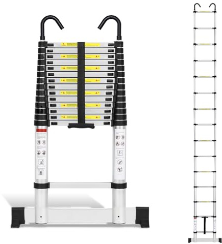 Joparri Scala telescopica in alluminio 4,4 m, scala allungabile con stabilizzatore e ganci rimovibili, scala antiscivolo in alluminio scala da appoggio scala multiuso, portata massima di 150 kg