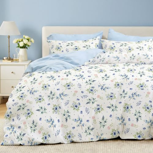 Tospass Housse de Couette 240x260 Adulte Fleurs Bleu Rose Parure de Lit | Linge de Lit 2 Personnes Filles, Fermeture Éclair, Housse Couette en Microfibre, 2 Taie d'oreiller 65x65cm, Certifié Oeko-Tex