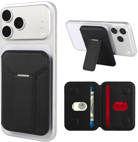 Aibirui Magnetic Geldbörse Ständer für iPhone 17/16/15/14/13/12 Serie, Magnetischer Handyständer mit 3 Betrachtungswinkeln, RFID-Schutz Kartenhalter mit Münzfach, Schlank & Leicht (Schwarz)