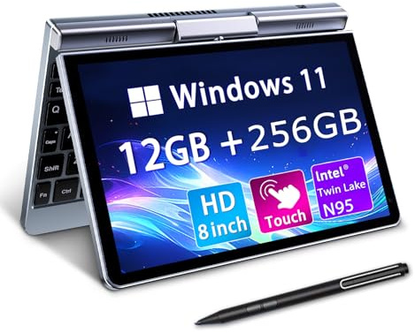 Mini laptop da 8 2 in 1, Win 11, Intel N95 (fino a 3,4 GHz), 12 GB di RAM 256 GB SSD, touchscreen HD, tastiera retroilluminata, PC portatile leggero per lavoro/bambini/scuola (N95 (12 GB + 256 GB))