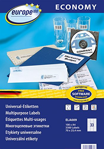 Europe100 Art. ELA009 Universal Etiketten (3.300 Klebeetiketten, 70x25,4mm auf A4, Papier matt, individuell bedruckbar, selbstklebende Aufkleber, kompatibel zu AVERY 3421) 100 Blatt, weiß