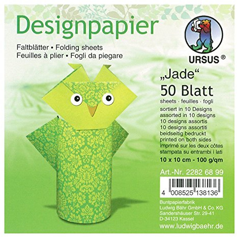 Ursus 22826899 - Designpapier Jade, 50 Blatt in 10 verschiedenen Motiven, ca. 10 x 10 cm, 100 g/qm, beidseitig Bedruckt, ideal zum Falten von kreativen Origami Tieren