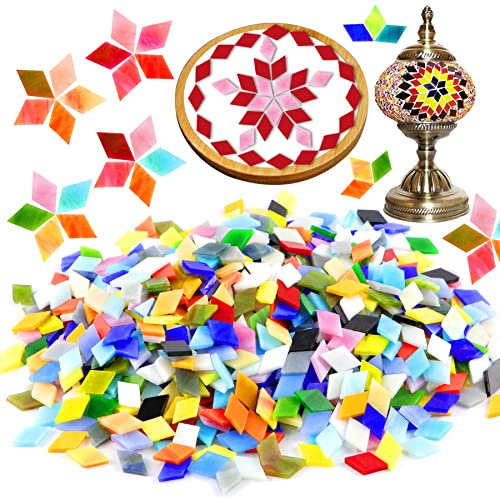 1000 Pieces Mixed Color Mosaic Tiles Mosaic Glass Pieces for Home Decoration or DIY Crafts, Square (Rhombus,1.1 by 1.1 cm)