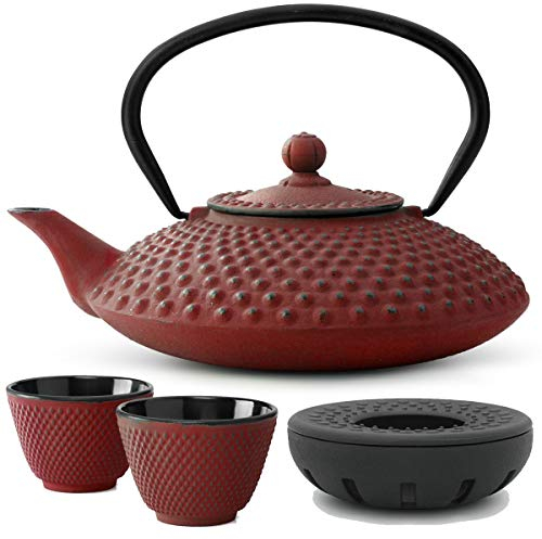 Teekanne asiatisch Gusseisen Set rot 1.25 Liter Teekessel mit Henkel & Edelstahl Tee-Filter Sieb-Einsatz & Stövchen inkl. Teebecher