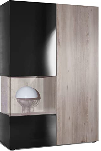 Vladon Vitrine Kommode Hochschrank Morena, Made in Germany, Korpus in Schwarz matt/Rechte Tür und der Einsatz in Eiche Nordic