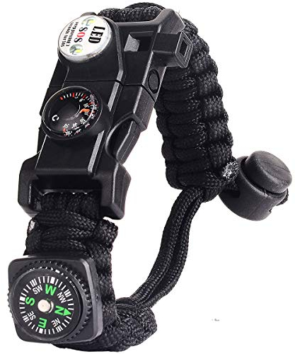 Bracelet Paracorde Survie pour Homme Femme, Militaire Paracord Bracelet Kit avec Flint + Boussole + Thermomètre + Sifflet + Lumière LED pour Extérieur, Randonneur, Baroudeur, Explorateurs (Noir)