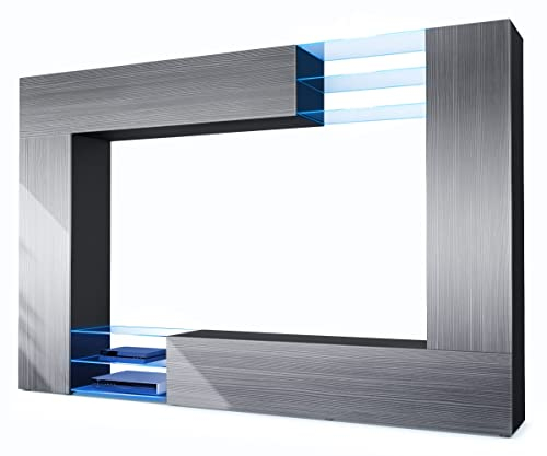 Vladon Wohnwand Mirage, Made in Germany, Anbauwand mit Rückwand mit 2 Türen, 2 Klappen und 6 offenen Glasablagen, Schwarz matt/Avola-Anthrazit, inkl. LED-Beleuchtung (262 x 183 x 39 cm)