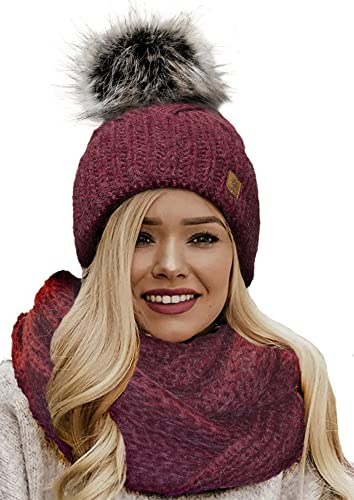 4sold Mütze & Schal Schlauchscha Damen Gerippt Winter Beanie mit Fleece Strickmütze Mohair Wolle Wurm mit Faux Fell-Bommel Bommel Pom Pom Strick Gefüttert - Set Birma Burgundy