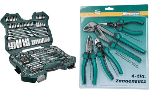 Brüder Mannesmann M98430 Steckschlüsselsatz 0,6 cm (0,25 Zoll) + 0,95 cm (3/8 Zoll) + 1,27 cm / (1/2 Zoll) Antrieb, 215-tlg & M10997 Zangensatz, 4-tlg