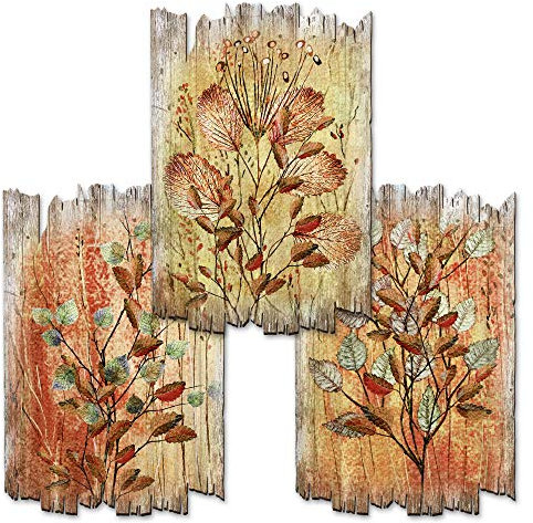 Kreative Feder Shabby Chic Landhausstil Wandbilder Holz | Deko-Schilder aus Holz im 3er Set | Wanddeko für Ihr Zuhause | in 30x20cm (Herbstblätter)