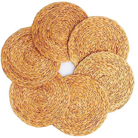 11.8'' Round Woven Placemats Set of 6 Plate Chargers, Heat Resistant Non-Slip Water Hyacinth Weave Place Mats Farmhouse Straw Braided Rattan Tablemats Wicker Placemats for Dining Table Decoration