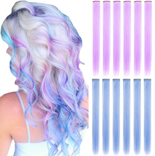 12 Stück Bunte Erweiterungen Mehrfarbige Party-Highlights Streifen Synthetische Haarteile Clip-In/Clip On Farbige Haarverlängerungen Farbige (Hellblau Helllila)