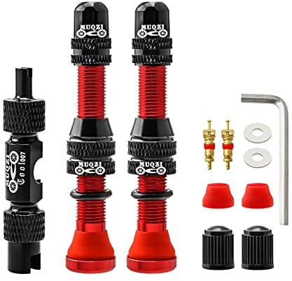 MUQZI Tubeless Schrader Valve Stems Kits - Alloy 60mm Bike No Tubes Valve Schrader Stems Universal for MTB Rim Tubeless Valve with Removal Tool, Red