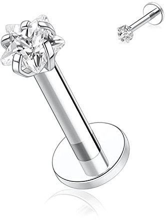 hengkaixuan G23 Titan 16G Flat Back Ohrringe Labret Ohrstecker Innengewinde Lippe Tragus Piercing Labret Schmuck 10mm Monroe Medusa Helix Lippenpiercing Silber Lobe Knorpel Conch Ohrring mit Stern CZ