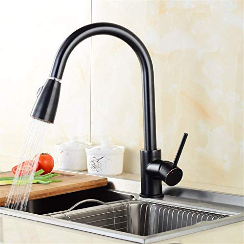 Sywlwxkq All Copper Nickel Drawing Spray Black Paint Antique Cold Water Mixer with Pull Out Spray Head Kitchen Faucet Kitchen Sink Faucet Single Handle Rotation, Spray Black Paint