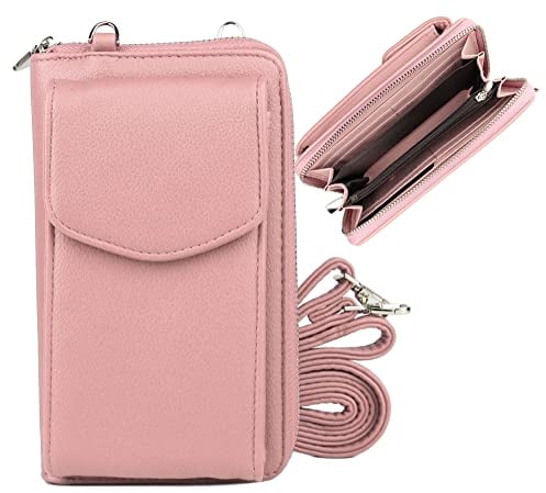 irisaa Geldbörse Damen mit Handyfach, RFID Schutz und Viele Kartenfächer, Crossbody Handytasche mit Geldbeutel Kleine Umhängetasche mit Verstellbarem Schultergurt, Damen Tasche:weich-pink