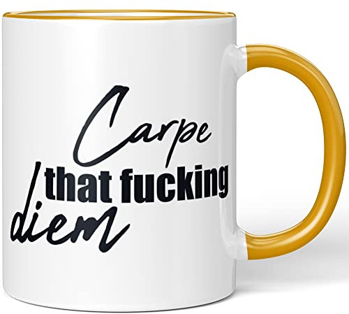 JUNIWORDS Tasse, Carpe That Fucking Diem, Wähle Farbe, Dunkelgelb