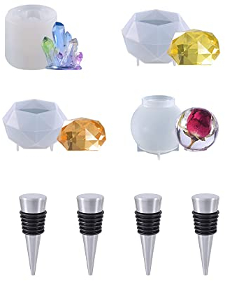 Cayway 8 Stück Resin Form für Weinverschluss, 4 Stück Kristalle Edelsteinform Sphärisch mit 4 Stück Weinverschluss Fit DIY Flaschenform