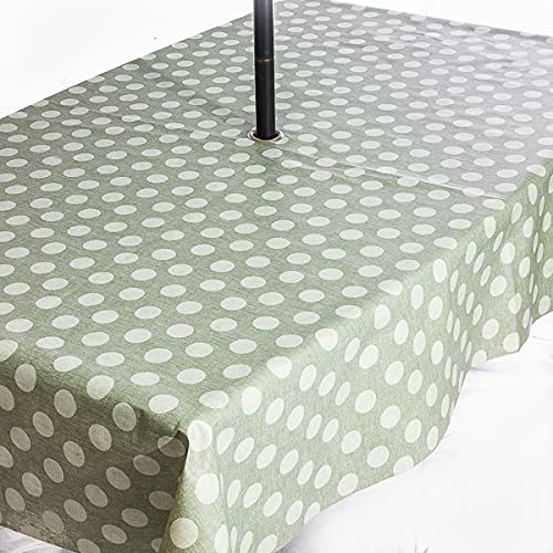 Rosie Lane PVC Wipe Clean Garden Tablecloth with Stainless Steel Parasol Hole for Garden Umbrella Polka Dot Sage Green (180cm x 140 cm) (200 x 140)
