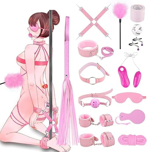 Qoosea Kits de Bondage 15 Pièces SM Set Adultes Toy Ensemble de Servitude BDSM Parfait pour Les Débutants, Ensemble de Jouets Sexuels Menottes Masque pour Les Yeux Laisse Pour Couple(Rose)