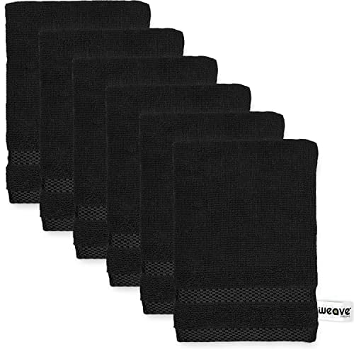 Weave Essentials Viscose Wash Gloves - 6pc (15x20cm) 100% Combed Cotton Wash Mitts with Hanging Loop, Ultra Soft Flannel Face Makeup Remover Mitt, Lightweight, Durable Shower Glove for Body | Black