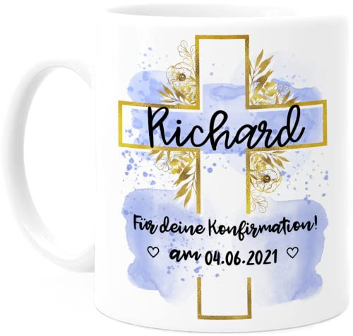 Tassenliebling® Konfirmation Tasse personalisiert mit Datum und Namen für Mädchen und Jungen - Weiß - Beidseitiger Druck - Christliche Geschenke zur Konfirmation