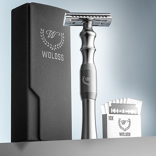 WOLOSS Rasierhobel Herren Set Grau inkl. Rasier Hobel, Öko-Lederetui und 10 Klingen, Safety Razor Men, für den Körper und die Konturen, single Klinge, Etui und langer Griff für Handrasur.