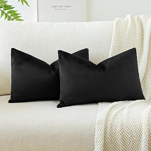JOTOM Samt Kissenbezug Kissenhülle Sofakissen Dekokissen Kissenbezüge für Sofa Wohnzimmer Schlafzimmer 2er Set 30x50 cm Schwarz
