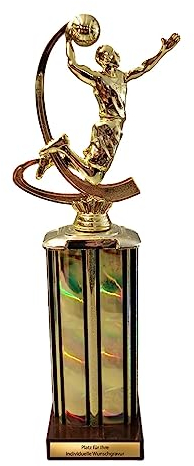 eberin · Basketball Pokale · Basketball Wanderpokal · werfender Basketballspieler Gold auf Säule Holz/Gold · XL Pokal mit oder ohne Gravur ·