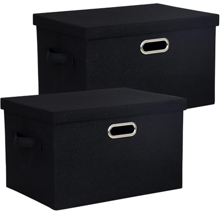BinWhiz 2 Stück Aufbewahrungsboxen mit Deckel und Griff, Faltbare Aufbewahrungskorb, Aufbewahrungsbox aus Stoff, Aufbewahrungsbox für Schränke für Kleidung, Bücher, Kosmetik, Schwarz, 43 x 31 x 28 cm