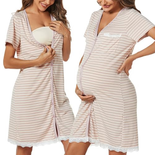 Uniexcosm Chemise Nuit Allaitement Maternité Coton Robe de Nuit Femme Enceinte Col en V Manches Courtes Devant Ouvert Chemise de Nuit Femme Grossesse Rose S