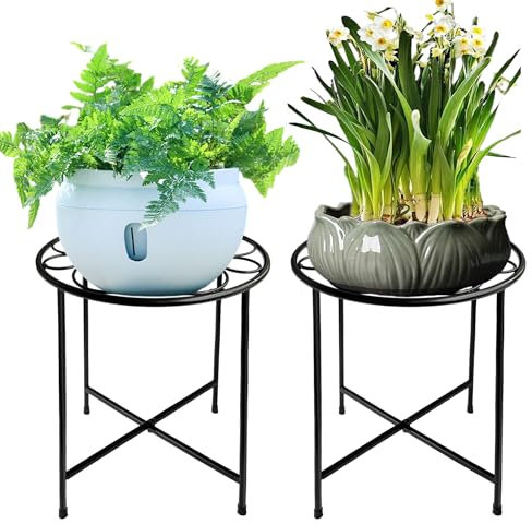 ZEECER Plant Stand, 2 Pack Round Plant Stands Indoor Outdoor, Retro Design 15'' Tall Plant Stand, Rust-proof Coated Metal Plant Pot Stand Flower Stands for Indoor Plants Patio Garden Home Decor Black