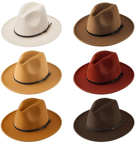 Hercicy 6 Pcs Fedora Hats for Women Men Felt Wide Brim Hats Vintage Boho Hat with Belt Buckle Panama Hat(Fresh Color,Retro Style)