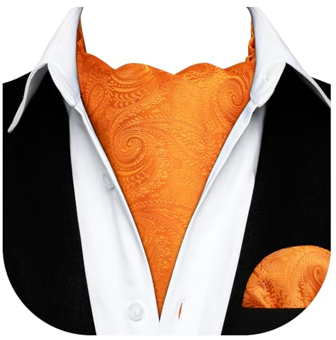 HISDERN Herren Krawattenschal Orange Paisley Elegant Halstuch und Einstecktuch Set Hochzeit Seide Ascot Krawatte mit Taschentuch für Männer