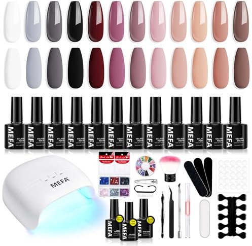 MEFA 34 Pcs Gel Nail Kit with 48W UV Lamp, 12 Colors White Black Brown Nude Gel Nail Polish Kit with Matte Glossy Gel Top Base Coat Manicure Tools Nail Art Decorations DIY Salon Home