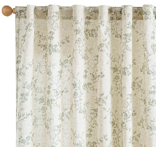 Lazzzy Leinen-Vorhänge im Bauernhaus-Stil, Blumenmuster, 160 cm Länge, Schlaufen auf der Rückseite, Vorhänge für Wohnzimmer, Schlafzimmer, Lichtfilterung, Landhausstil, Vintage, Stangentaschenvorhang