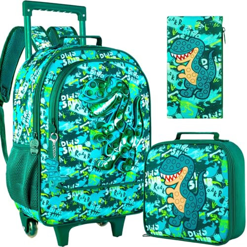 Rollrucksack für Mädchen und Jungen, Kinder-Büchertasche mit Einhorn-Dinosaurier-Büchertasche mit Rollrädern, Koffer-Schultaschen-Set, Grenn Dinosaurier, Einheitsgröße