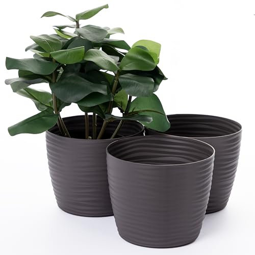 Home Garden Ornaments VITO Plant Pots Indoor, Set of 3 Indoor Plant Pot with 3D Effect, No Drainage Holes, Plastic Flower Pots (Diameter: 13cm, Colour: Anthracite)