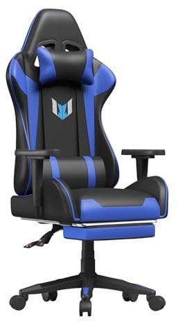 bigzzia Gaming Chair with Footrest Office Chair,155 Degree PU Leather Ergonomic Office Chair with Lumbar Cushion&Headrest&Fixed Armrest,Gaming Chair Gaming Seat Adult Young Boy Girl(Blue)