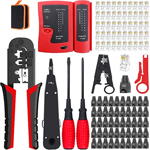 MAYLINE Pince à Sertir de RJ45 Testeur de Network Réseau Câble RJ11 RJ12 Cat7 Cat6 Cat5e Kits d’Outils de Réparation d’Ordinateur Net Professionnel Maintenance de Testeur de Câble LAN (Rouge)