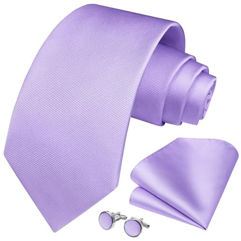 HISDERN Lilac Ties for Men Wedding Silk Woven Necktie with Pocket Square Cufflinks Set for Prom