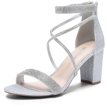 DREAM PAIRS Women's Heels Chunk Low Heel Pump Sandals Ankle Strappy Dress Heeled Sandals for Wedding Evening,Size 6.5,Silver-Glitter,SDHS2499W