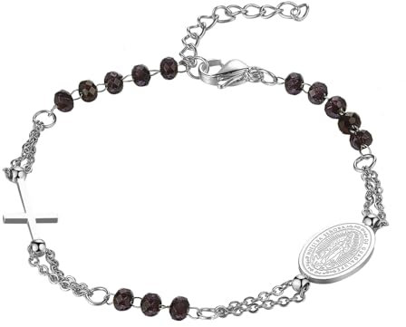 Flongo Katholisches Rosenkranz Armband für Damen : Religiöses Armkette mit Kreuz Anhänger Schwarz Silber Perlen Jungfrau Maria Kette Edelstahl Gebet Glaube Schutz Armreif Virgin Mary