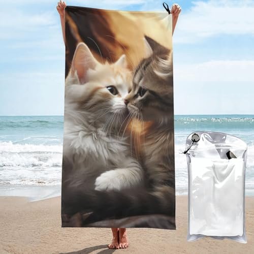HJTRW Strandtuch mit Katzenmotiv, Mikrofaser, weich und schnell trocknend, Pool-Handtuch, 80 x 160 cm, super saugfähig, übergroßes Handtuch, Decke für Männer und Frauen, Schwimmen, Sport, Camping,