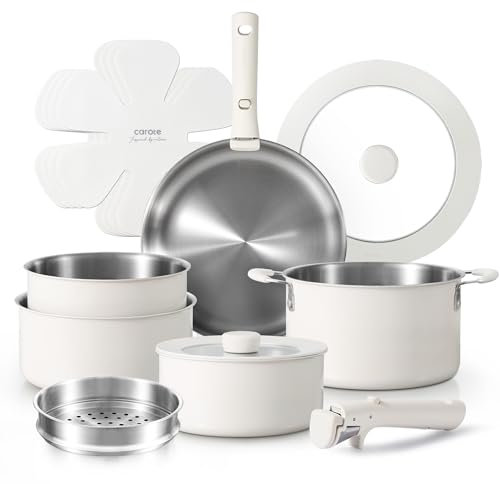 CAROTE 14pcs Pots and Pans Set, Stainless Steel Cookware Set Detachable Handle, Induction Kitchen Cookware Sets with Removable Handle, RV Cookware Set, Oven Safe, Camping Cookware, White