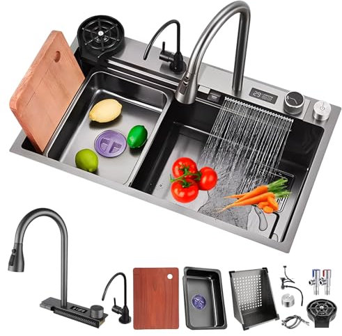 DSMRLEOP Wasserfall spüle, 65x50cm Multifunktionale Spülbecken Schwarz, 1 Becken Spüle Küche Edelstahl Rechteck mit Zubehör wie Abflusskörbe, Siphon und Ablauf-Set,Wasserhahn mit sichtbarer Temperatur