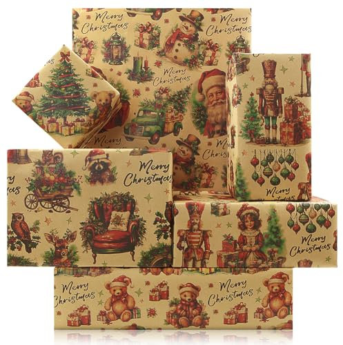 Retro-Weihnachtsgeschenkpapier, 4 Bögen, gefaltetes Geschenkpapier, Nussknacker, Weihnachtsmann, Eule, Elch, Bär, LKW, Schneemann, Geschenkpapier für Geburtstag, Babyparty, Kinderparty,