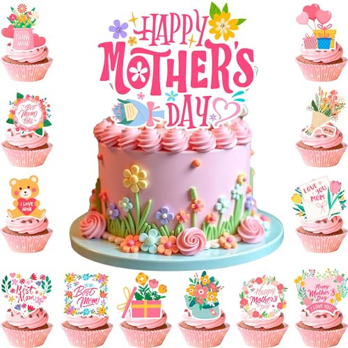 Muttertags Cake Topper, 25 Pcs Tortendeko Set - Muttertag Cupcake Topper & Happy Mothers Day Cake Topper für Partydekorationen zum Muttertag